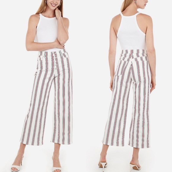 Express High Waisted Striped Button Fly Cropped Wide Leg Jeans NWT - Picture 1 of 9